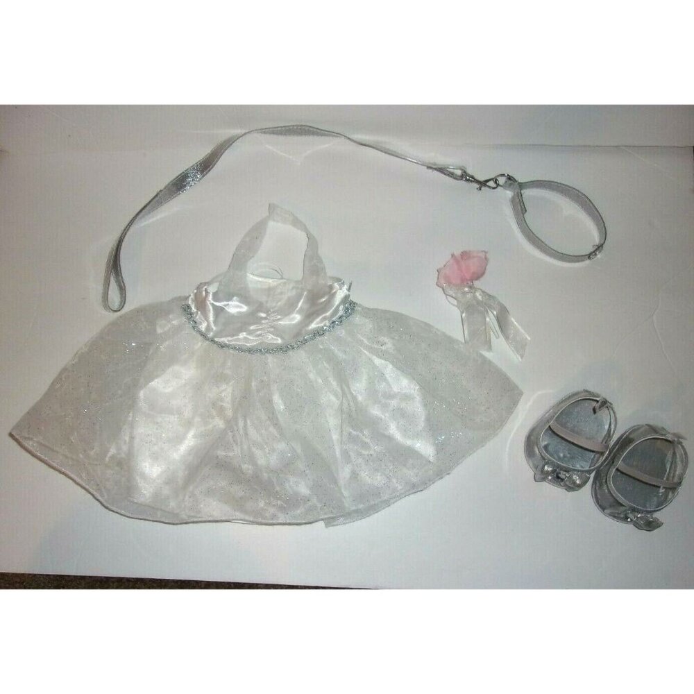 Build a‎ Bear White Halter Dress Silver High Heels Leash Rose Bouquet 5pc Set